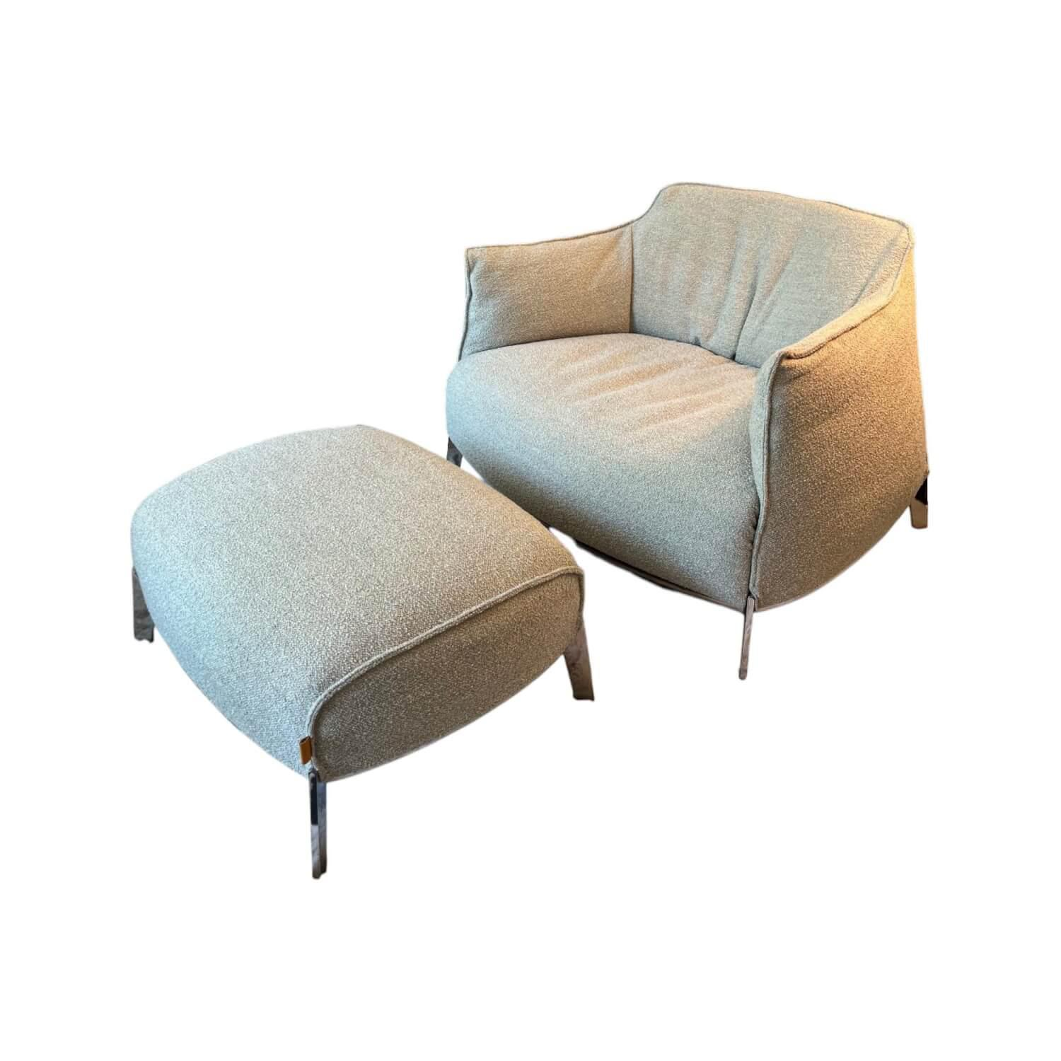 Poltrona Frau - Sessel Archibald Gran Comfort Stoff Loop 02 Corda Grau Beige Gestell Stahl Mit Ruthenium Finish Inklusive Hocker - 1