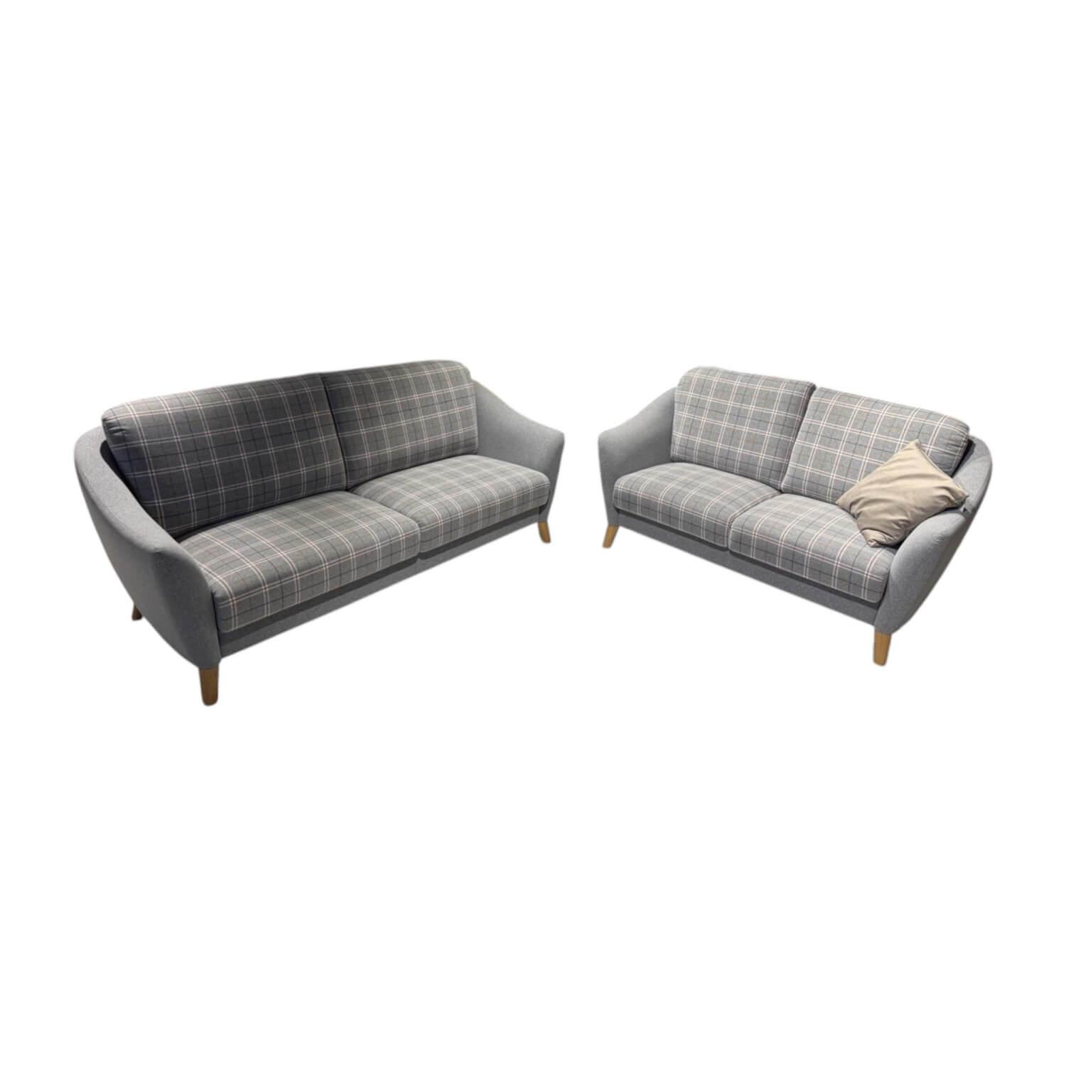 Schröno - 2er-Set Sofa Seefeld Stoff 651801 Grau Kariert Füße Eiche Massiv Natur Inklusive Sessel - 1