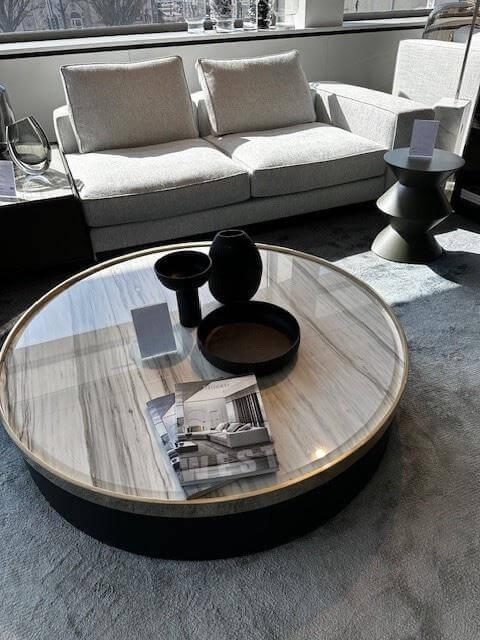 Minotti - Couchtisch Bailly Platte Marmor Zebrino Grau Ring Hellgold Gestell Louro Faia Mokkafarbig Braun Lackiert - 3