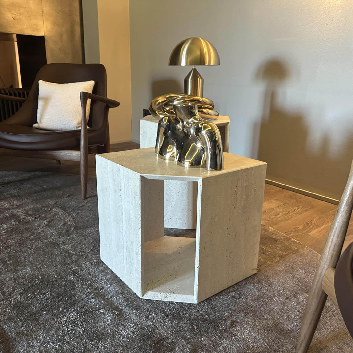 Galotti & Radice - 2er Set Beistelltisch Prism Stein Travertino Romano Natur Gebürstet - 2