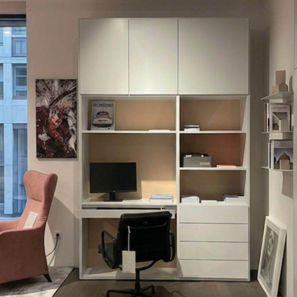 Interlübke - Regalwand Studimo Lack M14 Platin Hellgrau Rückwand Lack M49 Rosenquarz Rosa inkl. Ausziehbarem Schreibtisch - 2