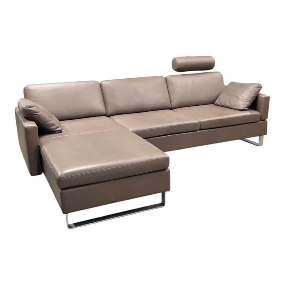 Brühl - Ecksofa Alba System M Leder Pearl 5707 85 Grau Füße Stahl Verchromt Mit Integrierten Kopfstützbügeln - 1