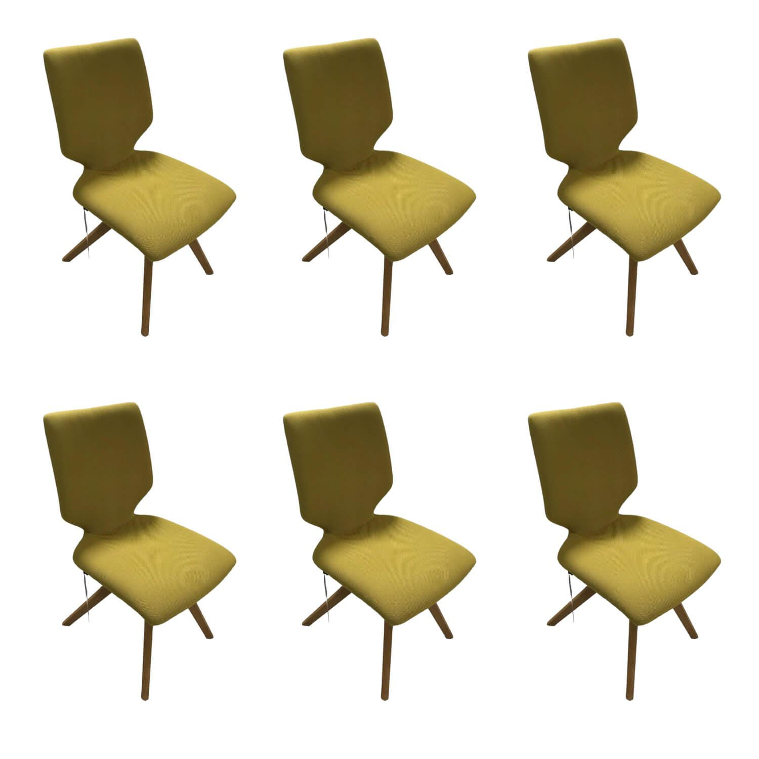 6er-Stuhlgruppe Modell Concret Armin Stoff Rom Schilf Grün Gelb Füße Eiche Massiv