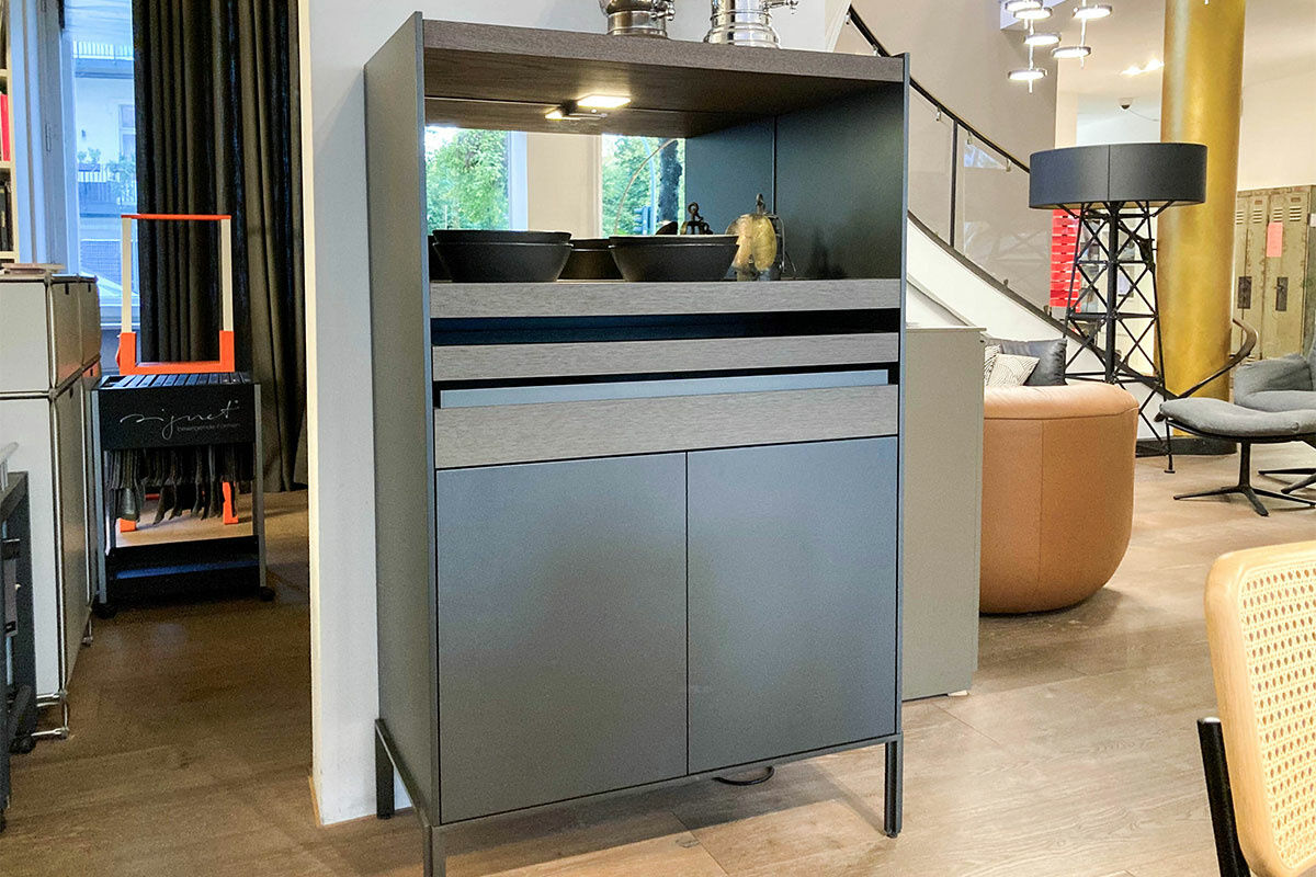 Molteni & C - Highboard Quinten Türen Und Korpus Zinnfarbig Lackiert Böden Rauchglas Schubläden Eiche Graphit  - 4