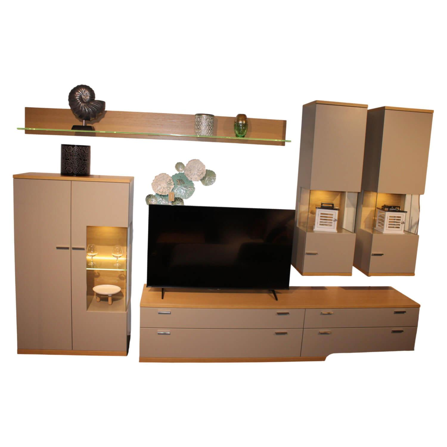 Rietberger Möbelwerke - Wohnwand Lodano Lack Cashmere Grau Eiche Sand mit Beleuchtung - 1