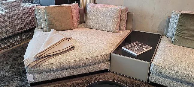 Minotti - Ecksofa West Stoff Fisher 04 Fumo Grau Rücken Kernleder Asche Grau Füße Aluminium Inklusive Kissen - 7