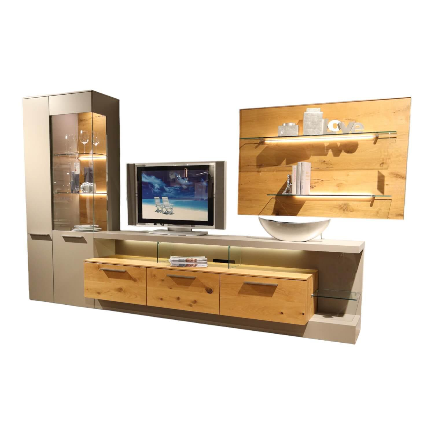 Gwinner - Wohnwand Braviso Lack Seidenmatt Fango Akzente Balkeneiche Honig Griff Edelstahlfarben - 1