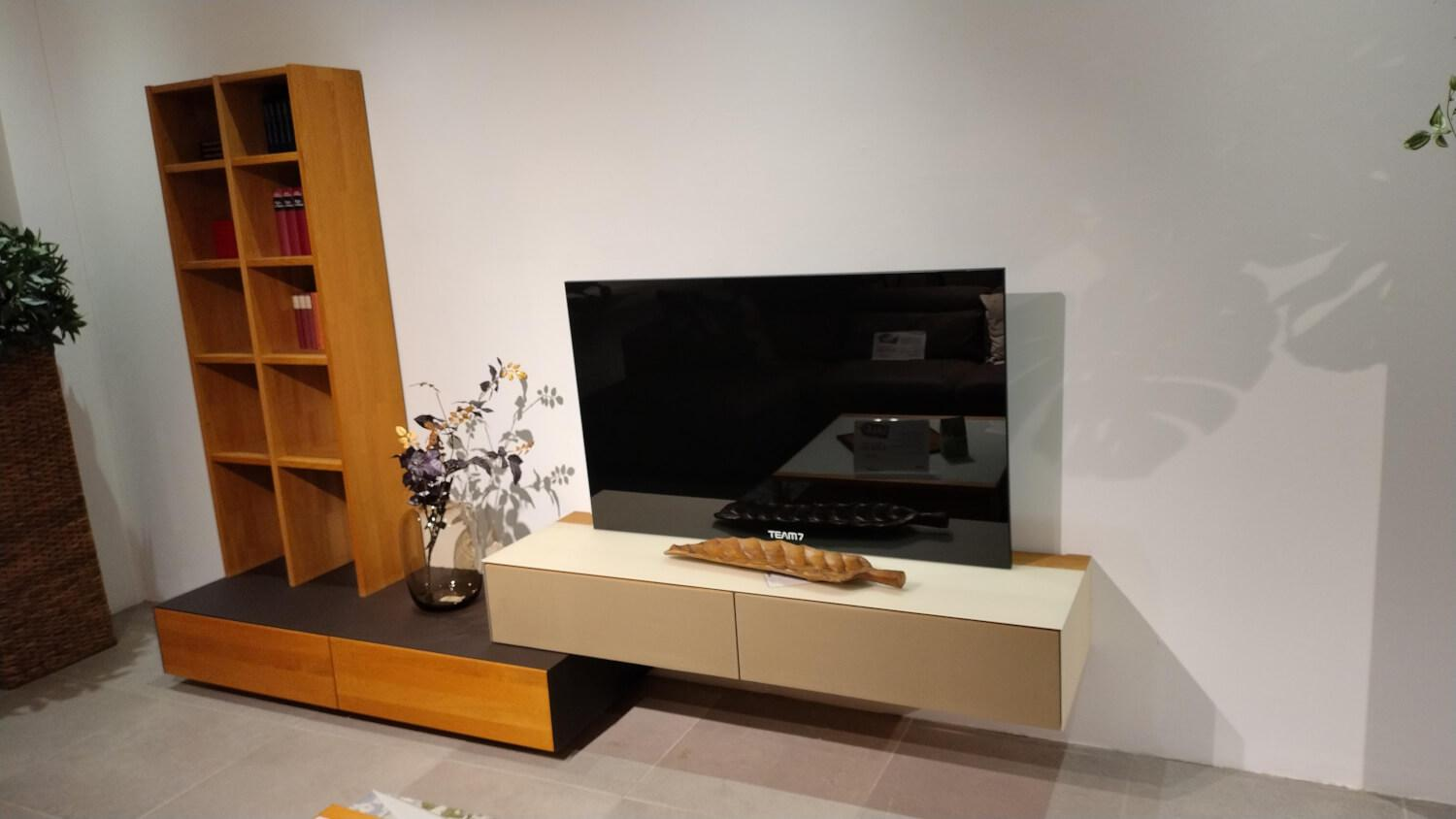 Mobilari - Wohnwand Cubus Pure Eiche Massiv Natur Geölt Glas Matt Dunkelbraun Und Sand Beige - 8