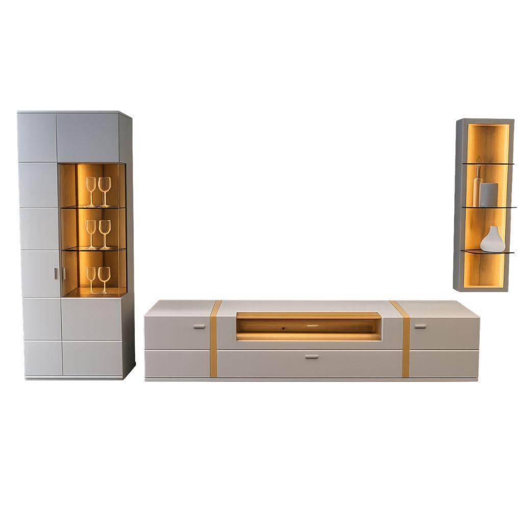 MCA Furniture - Wohnwand Sevilla Lack Arktis Grau Holzspange Eiche Furniert Parosalglas Grau Metallgriffe Nickel Matt Inkl. Beleuchtung - 1