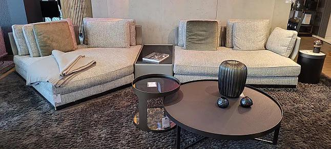 Minotti - Ecksofa West Stoff Fisher 04 Fumo Grau Rücken Kernleder Asche Grau Füße Aluminium Inklusive Kissen - 6