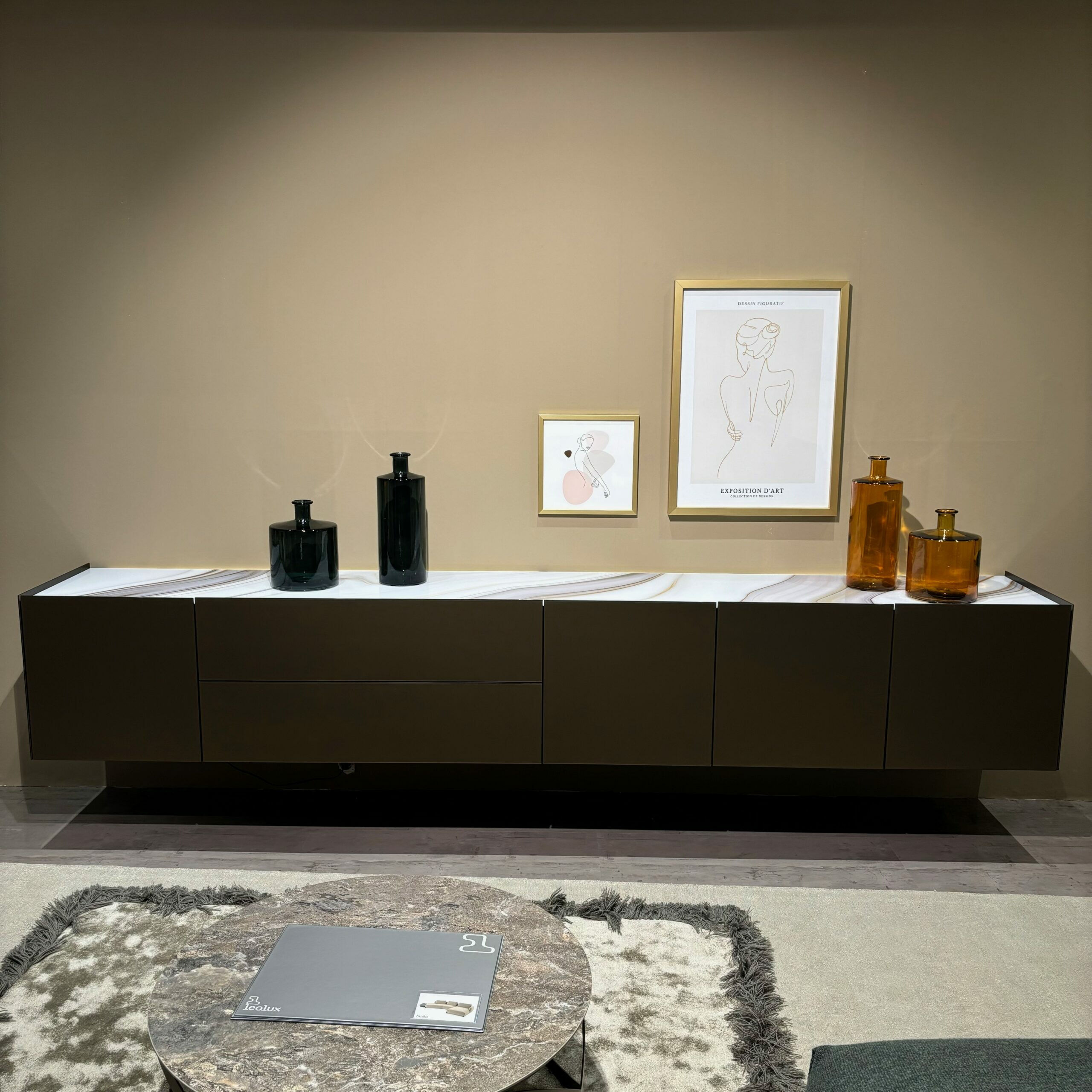 Spectral Smart Furniture - Lowboard Side Korpus BG Black Schwarz Lackiert Front Und Seiten Satiniertem Glas RO Roast Braun Deckenplatte Designglas DG107 Marmor Latte Braun Grau Weiß - 2