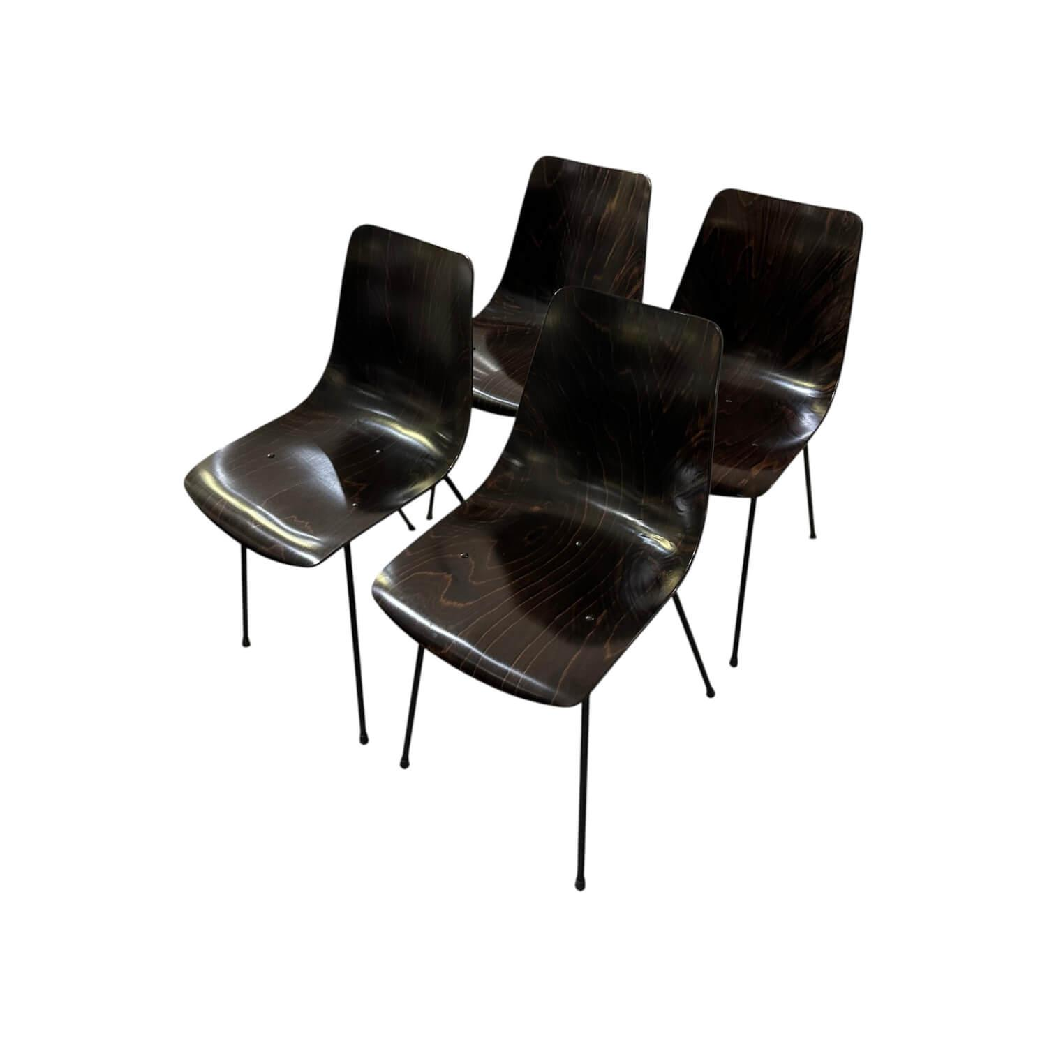 Ligne Roset - 4er-Set Stuhl CM131 Schale Buchensperrholz Dunkelbraun Gebeizt Gestell Stahl Schwarz Lackiert - 1