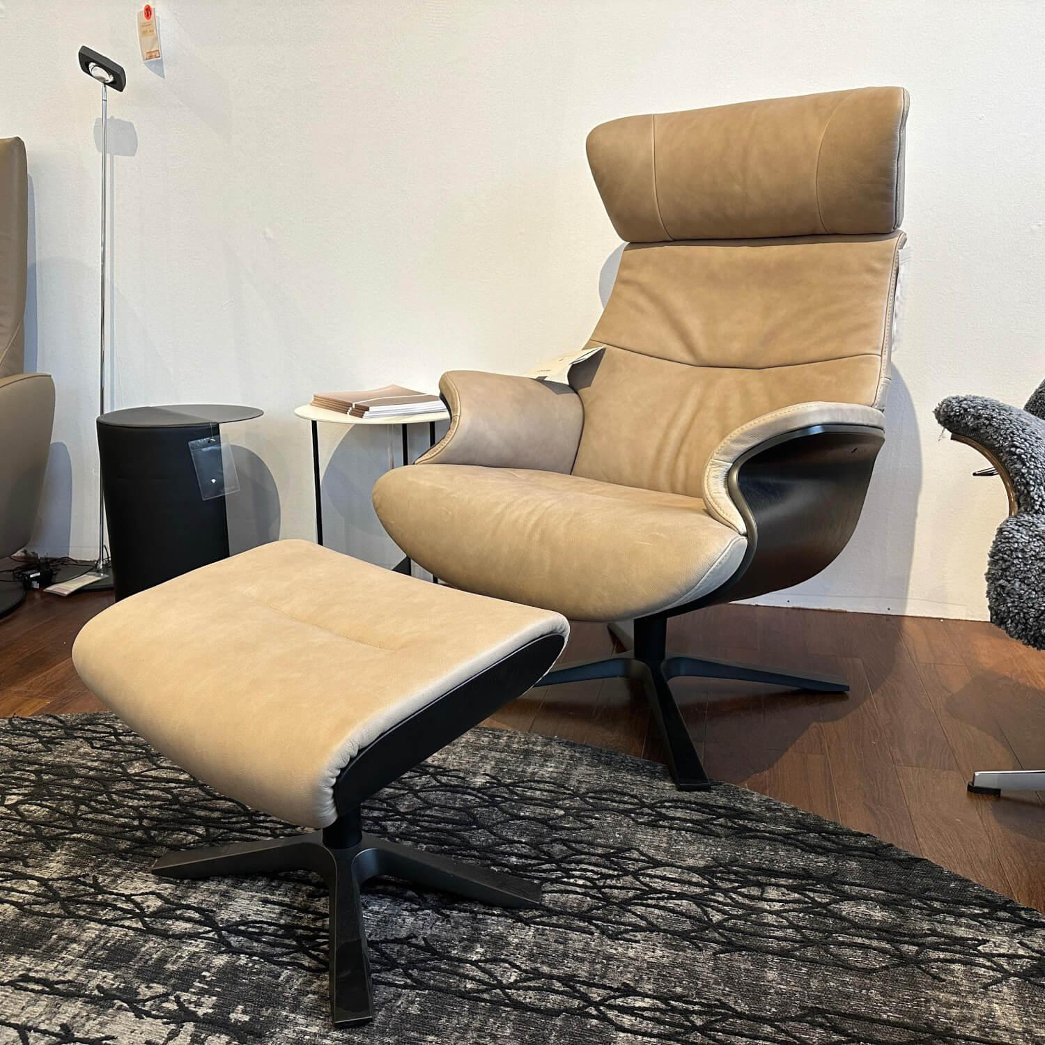 Conform - Sessel Afterwork Leder D Grizzly Taupe Grau Beige Schale Holz Schwarz Fuß Metall Schwarz Lackiert Inklusive Hocker - 6