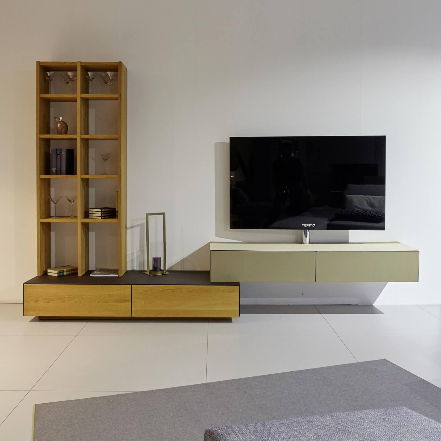 Mobilari - Wohnwand Cubus Pure Eiche Massiv Natur Geölt Glas Matt Dunkelbraun Und Sand Beige - 1