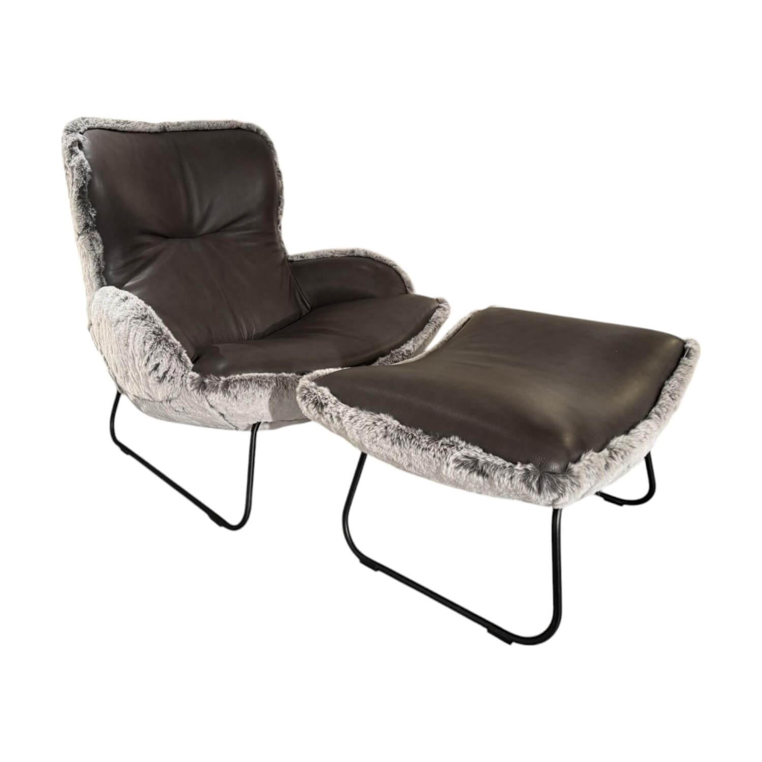 Armchair Minu Seat Leather Elegance Anthracite Back Faux fur cover Polar Bear Grey Grey Feet Black Powder-coated With stool Paul Lindberg - Armchair Minu Seat Leather Elegance Anthracite Back Faux fur cover Polar Bear Grey Grey Feet Black Powder-coated With stool - 1