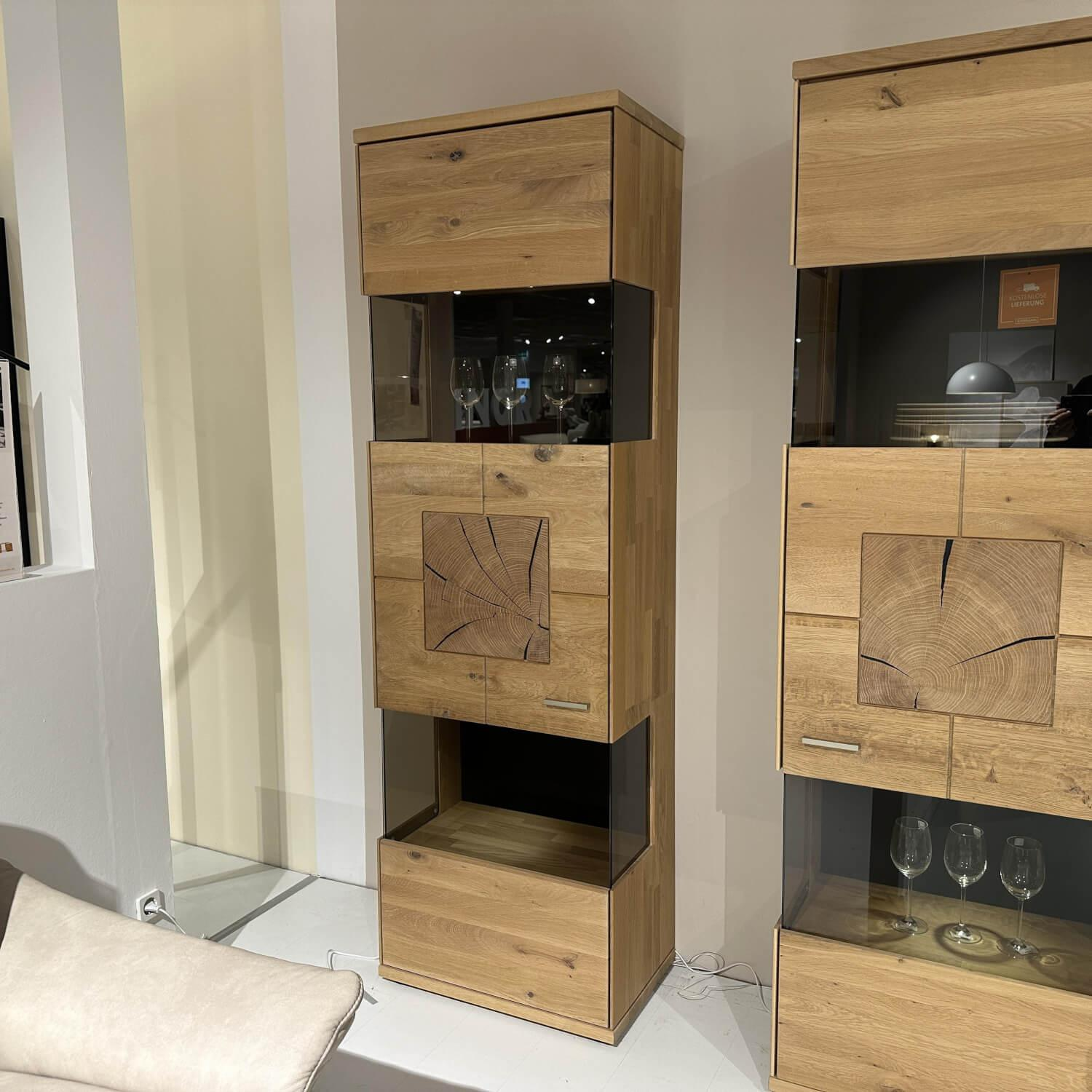 Musterring - Vitrine Portland Holz Wildeiche Massiv Weißgeölt Glas Anthrazit Satin Mit Beleuchtung Anschlag Links - 2