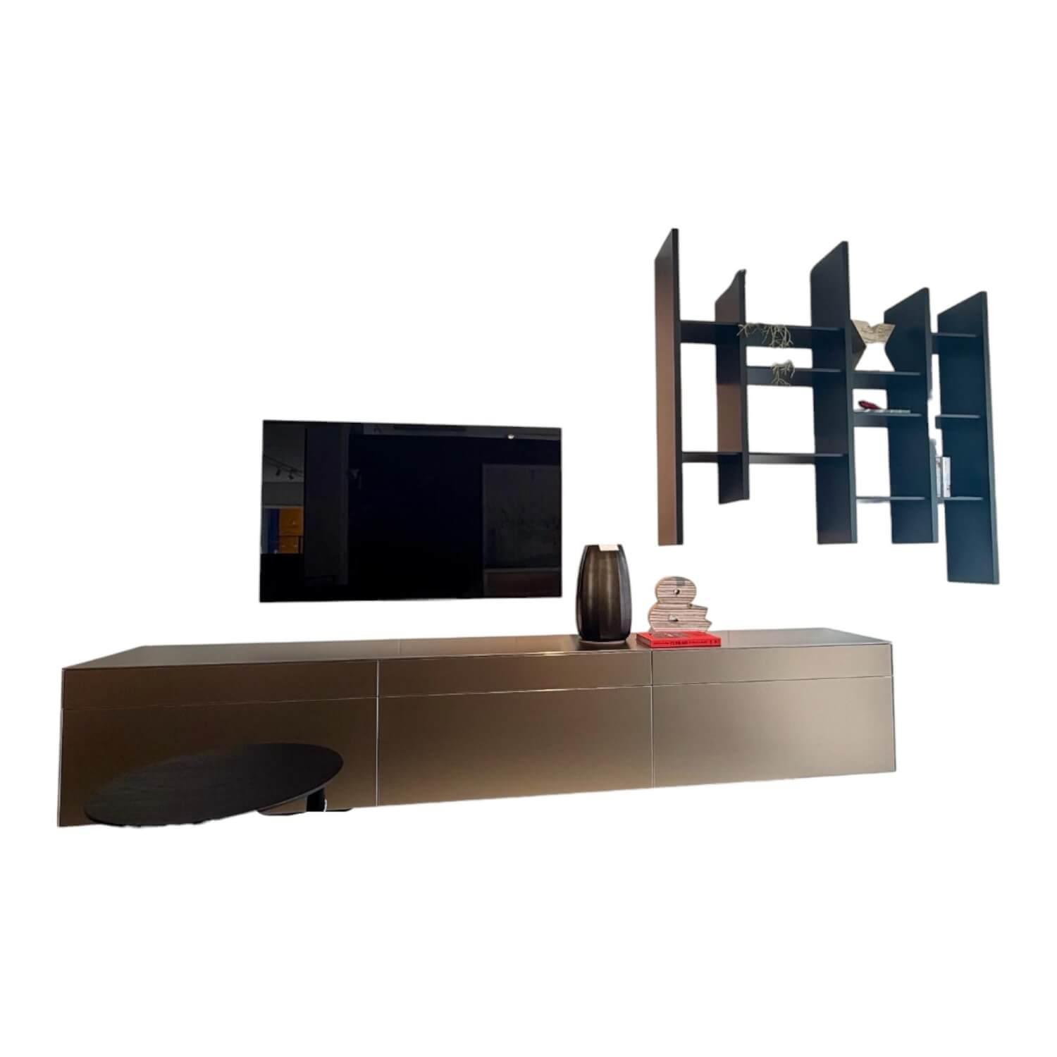 Kettnaker - Wohnwand Soma Front Aluminium Bronze Hell Korpus Lack Schwarz Matt Gestell Wangen Schwarz Lackiert - 1