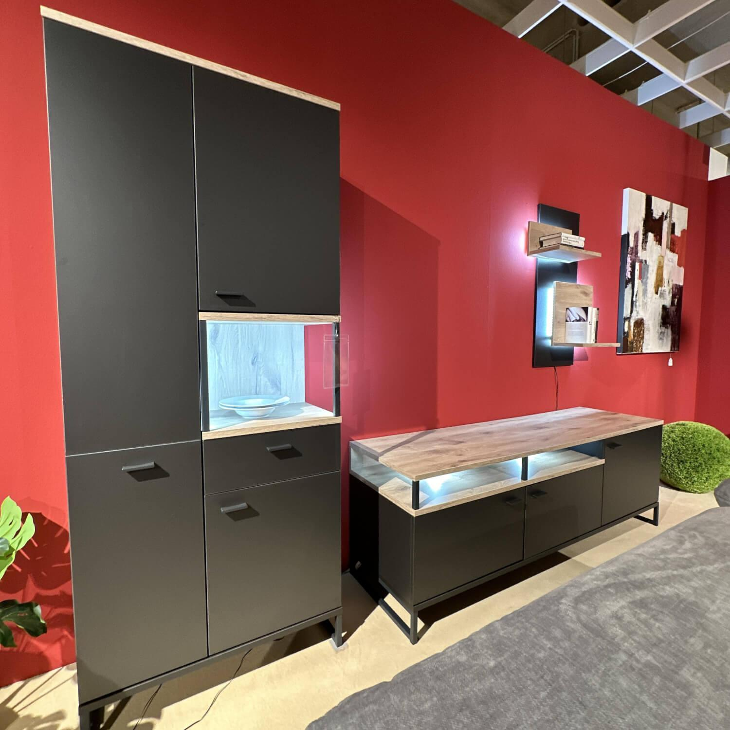 Ideal Möbel - Wohnwand Mountain VME Exclusiv Front Cosmos Grey Grau Absetzung Eiche Viking Profil Metall Cosmos Grey Grau - 7