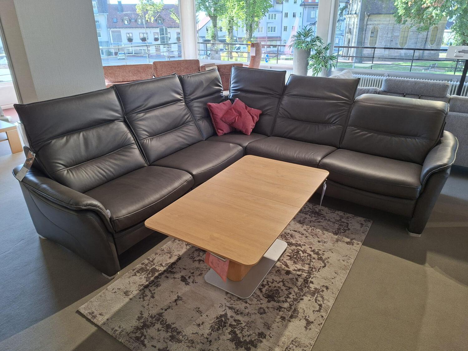 Hukla - Ecksofa Marlon Leder Cloudy Grey Grau Fuß Aluminium Mit Relaxfunktion Und Motorischer Kopfteilverstellung Inklusive 2 Kissen - 1