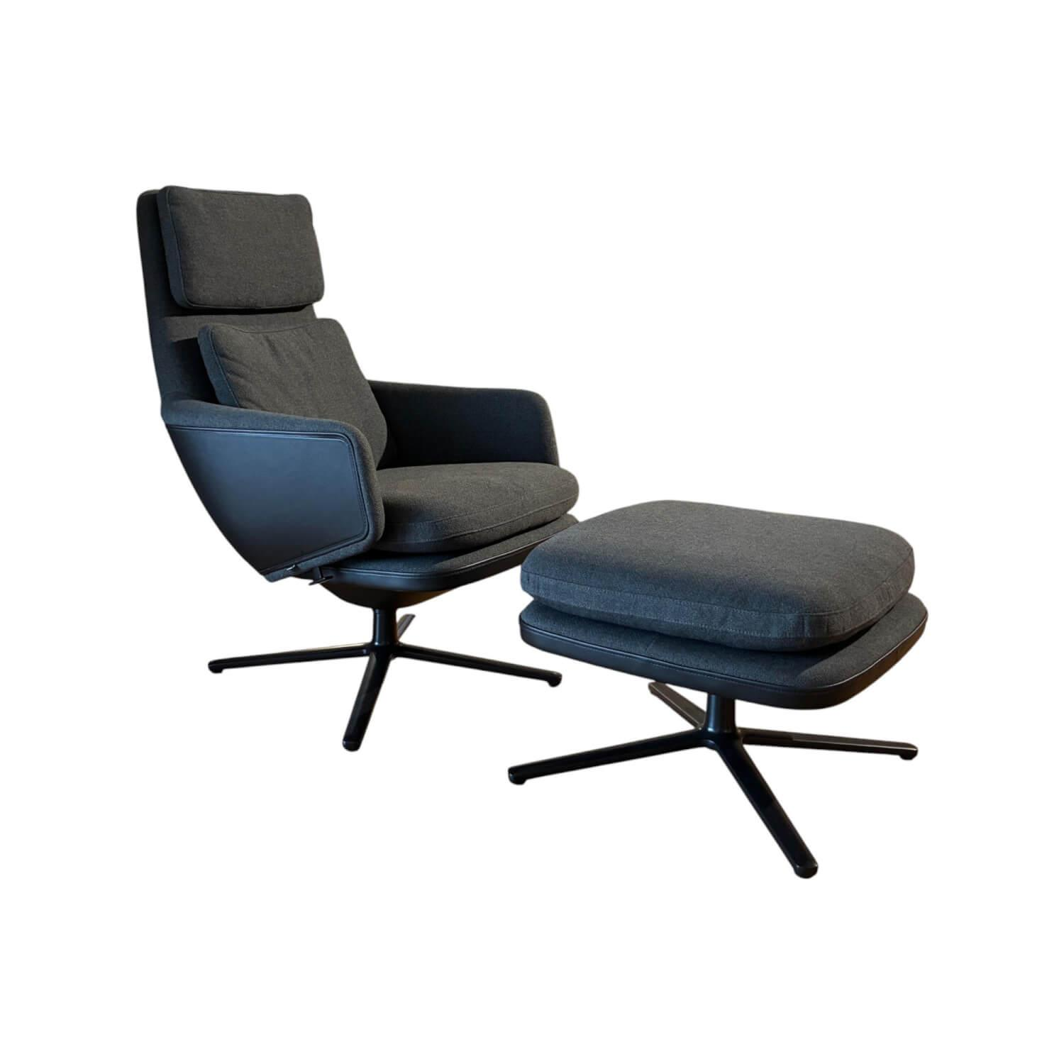 Vitra - Sessel Grand Relax Sitz Stoff Dumet 33 Carbon Grau Rücken Leder Forte Decor Nero Schwarz Gestell Basic Dark Schwarz Mit Hocker - 1