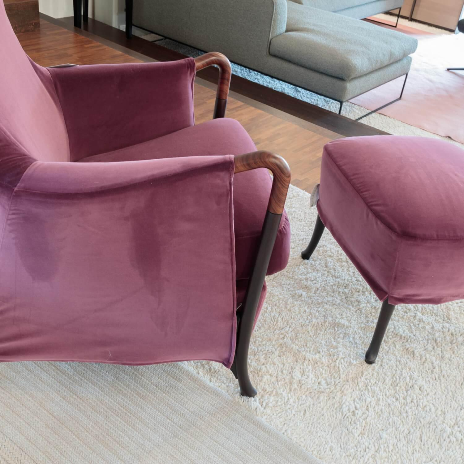 Giorgetti - Armchair Progetti 63340 Fabric Velvet Adamo And Eva 02 Aubergine Violet Pink Frame Wood Matt Stained Including Stool - 5
