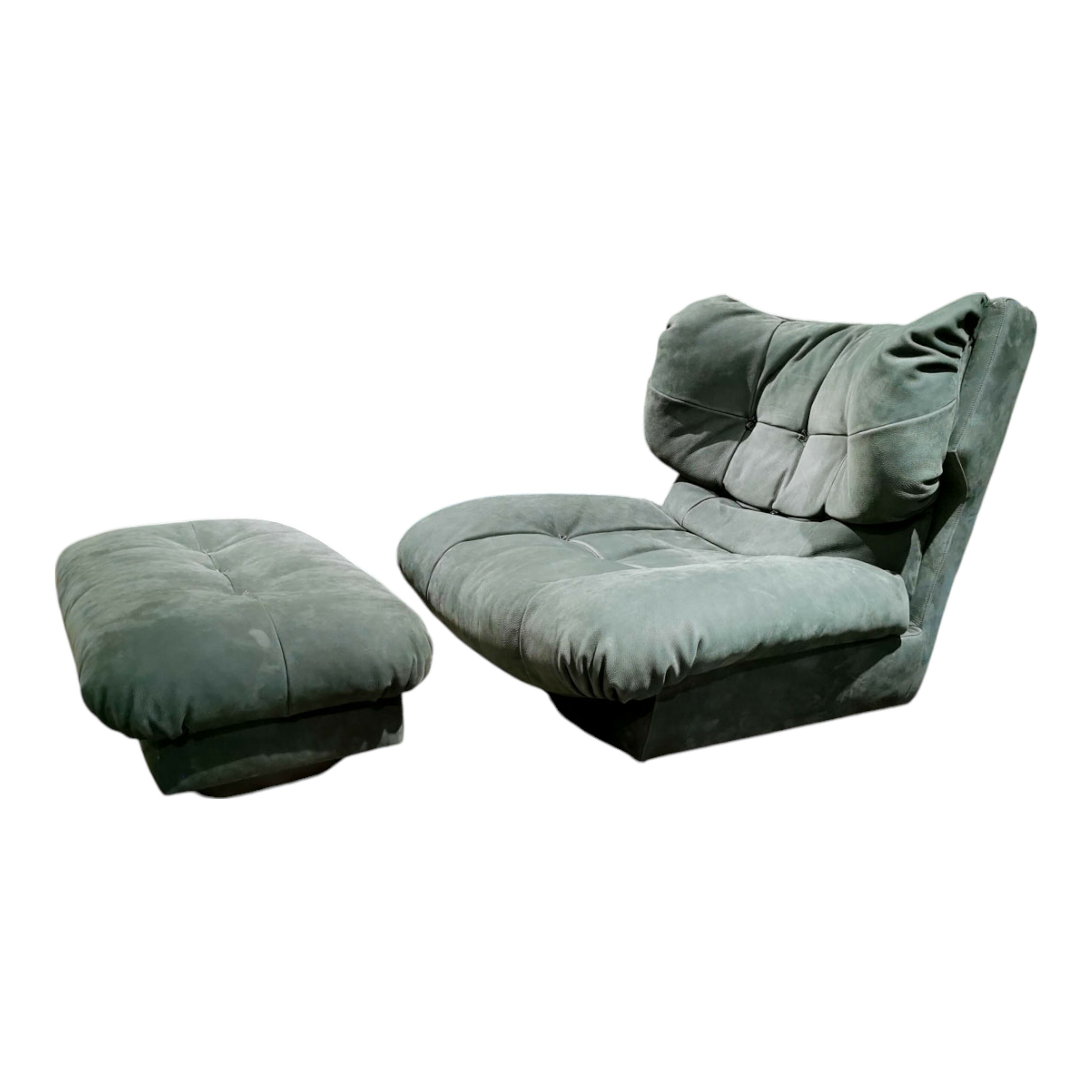 Baxter - Sessel Milano Bergere Leder Nabuck Wood Petrol Gestell Schwarz mit Hocker - 1
