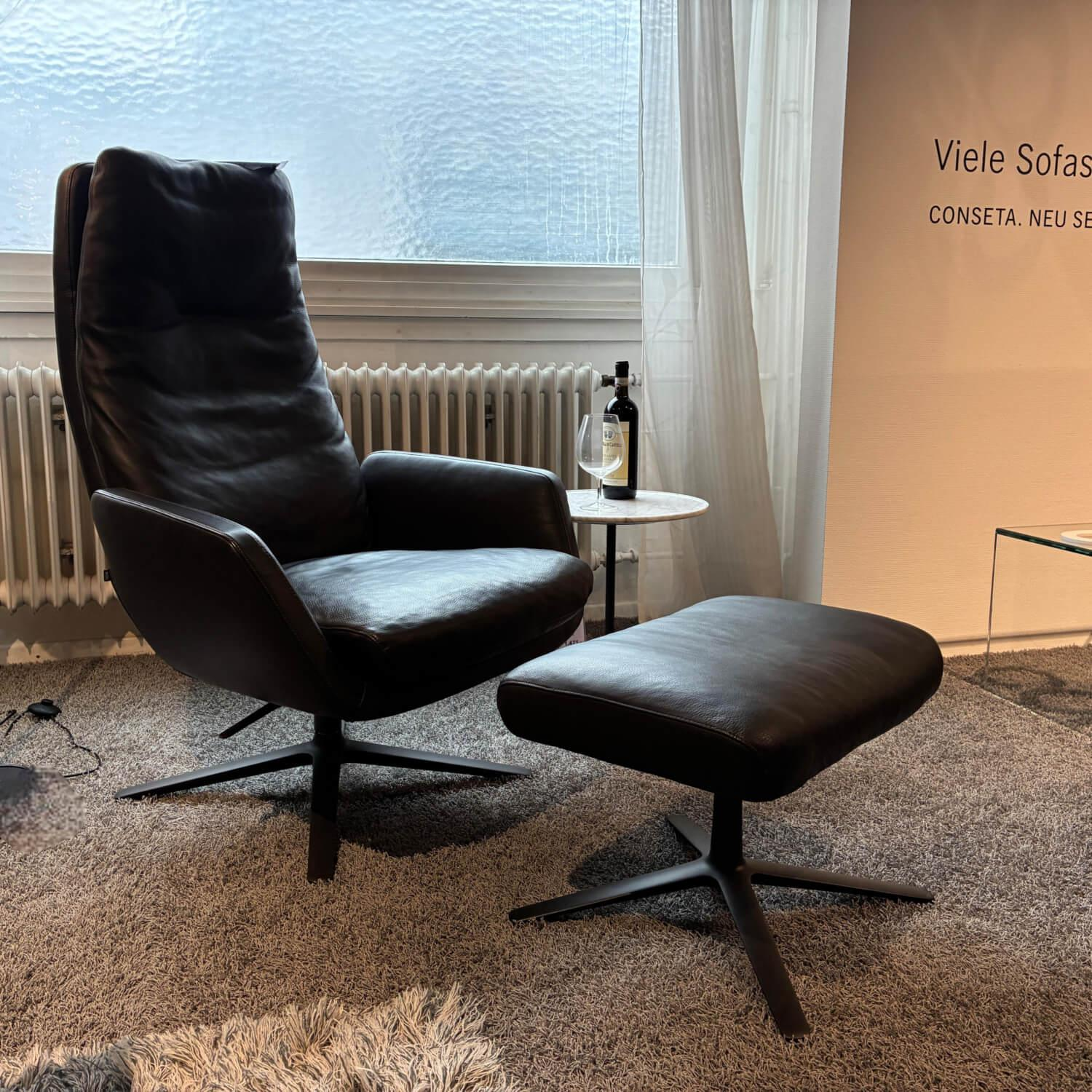 COR - Drehsessel Cordia Leder 282 Basalt Grau Schwarz Gestell F01 Schwarz Braun Kunststoffgleiter Mit Hocker - 2