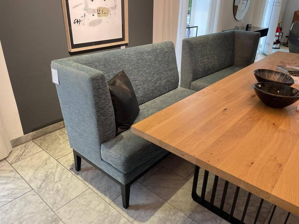 Bielefelder Werkstätten - 2er-Set Sitzbank Polo Dining Stoff Claire 454 Aqua Blau Sockelfüße Schwarz Gebeizt - 5