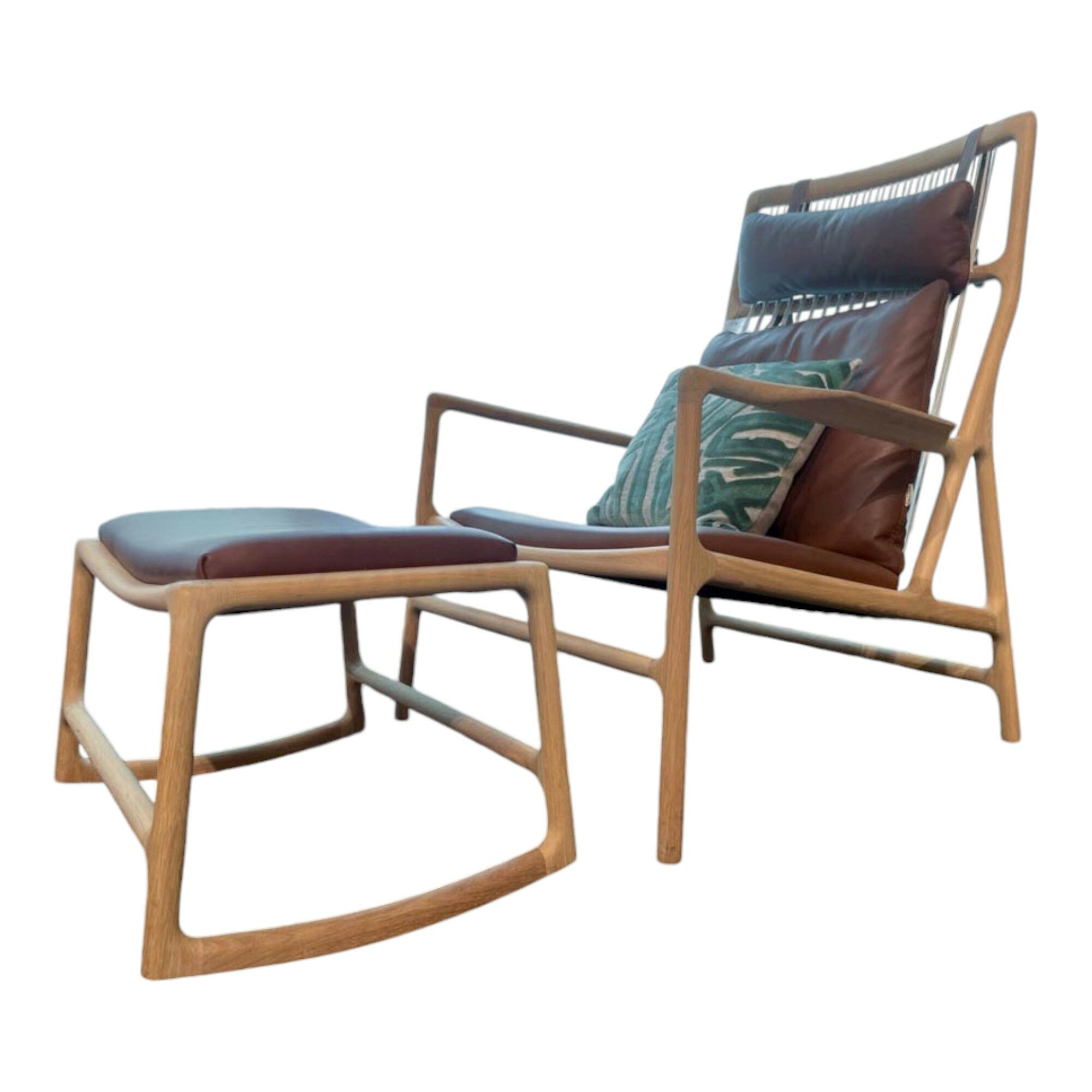 Gazzda - Sessel Dedo Lounge Chair Leder Dakar Turf Light 2211 Braun Gestell Eiche Massiv Weiß Geölt Mit Hocker - 1