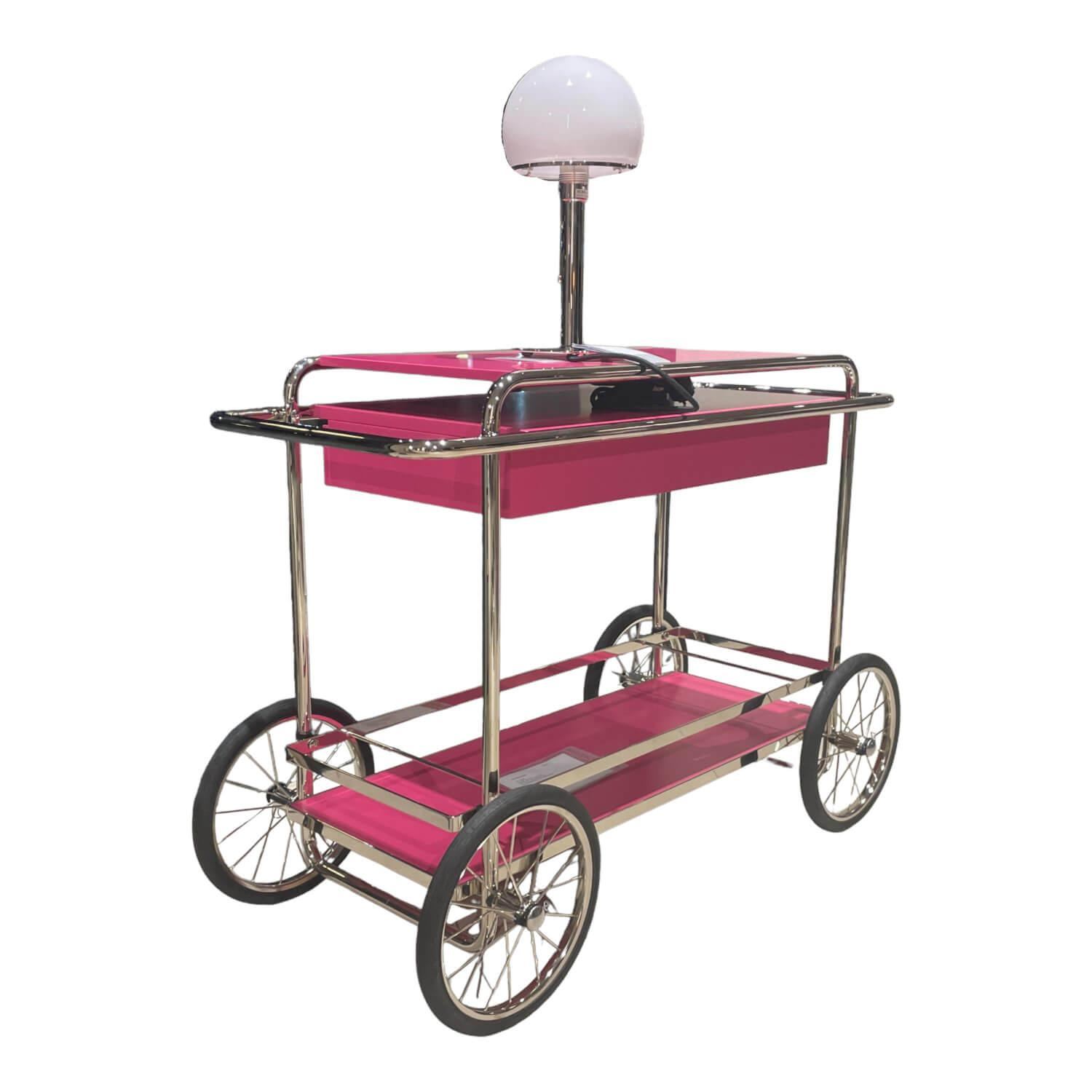 Tecta - Konsolenwagen Gestell Stahlrohr Vernickelt mit Schub und Flaschenhalter Sonderfarbe RAL 4010 Telemagenta - 1