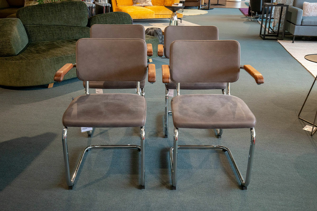 Thonet - 4er-Set S 64 PV Nubukleder Dunkelbraun Armauflage Nussbaum Geölt Gestell Chrom - 6