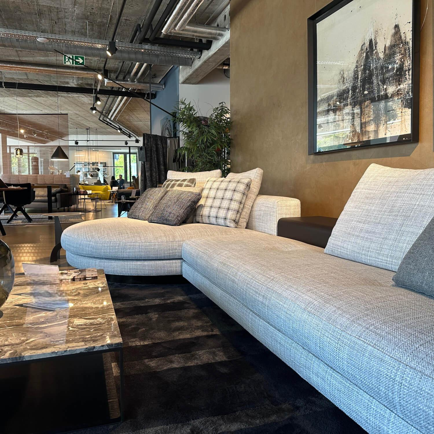 Minotti - Polstergruppe Connery Stoff Double 02 Ghiaccio Grau Ablage Leder Aspen Schwarz Mit Kissen - 8