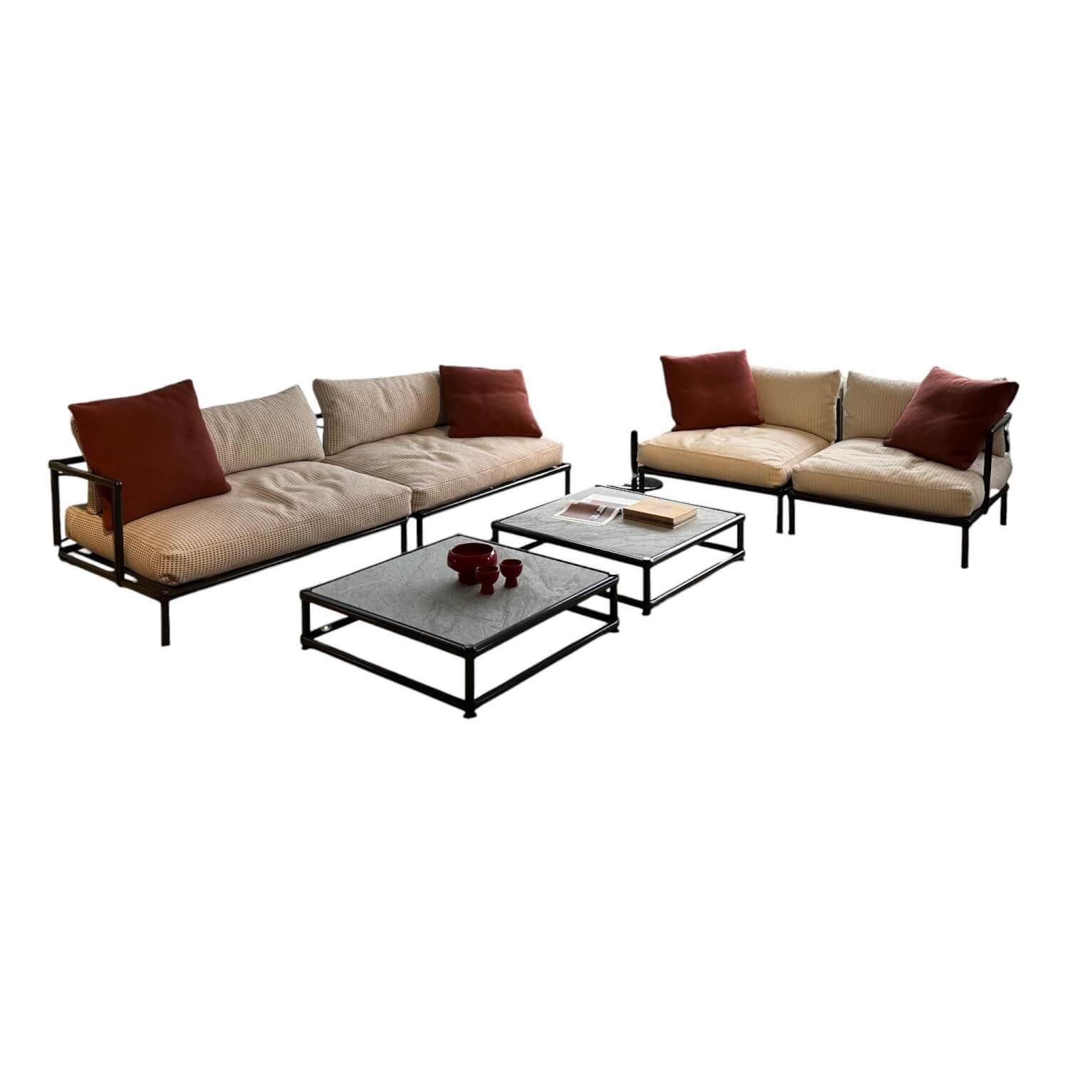 B&B Italia - Elementgruppe Nooch Stoff Lamone Weiß Quadrat Ziegelmuster Profil Lola Weiß Gestell Graphit Lackiert Inklusive Couchtische - 1