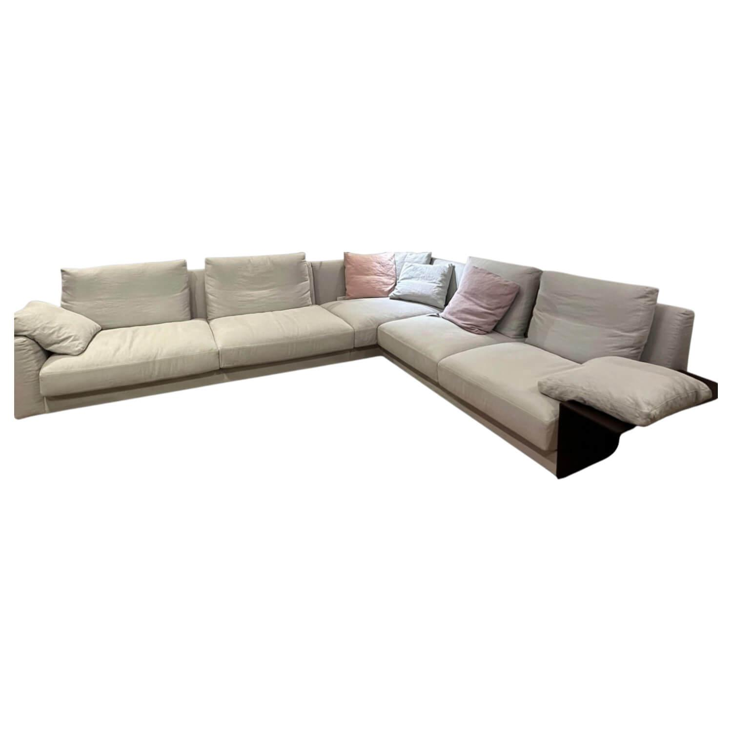 Walter Knoll - Ecksofa Grand Suite Stoff Lino 7707 Shadow Grau Beige Untergestell Massivholz Schwarz Lackiert Inkl. Ablage Leder Saddle Coffee Braun - 1