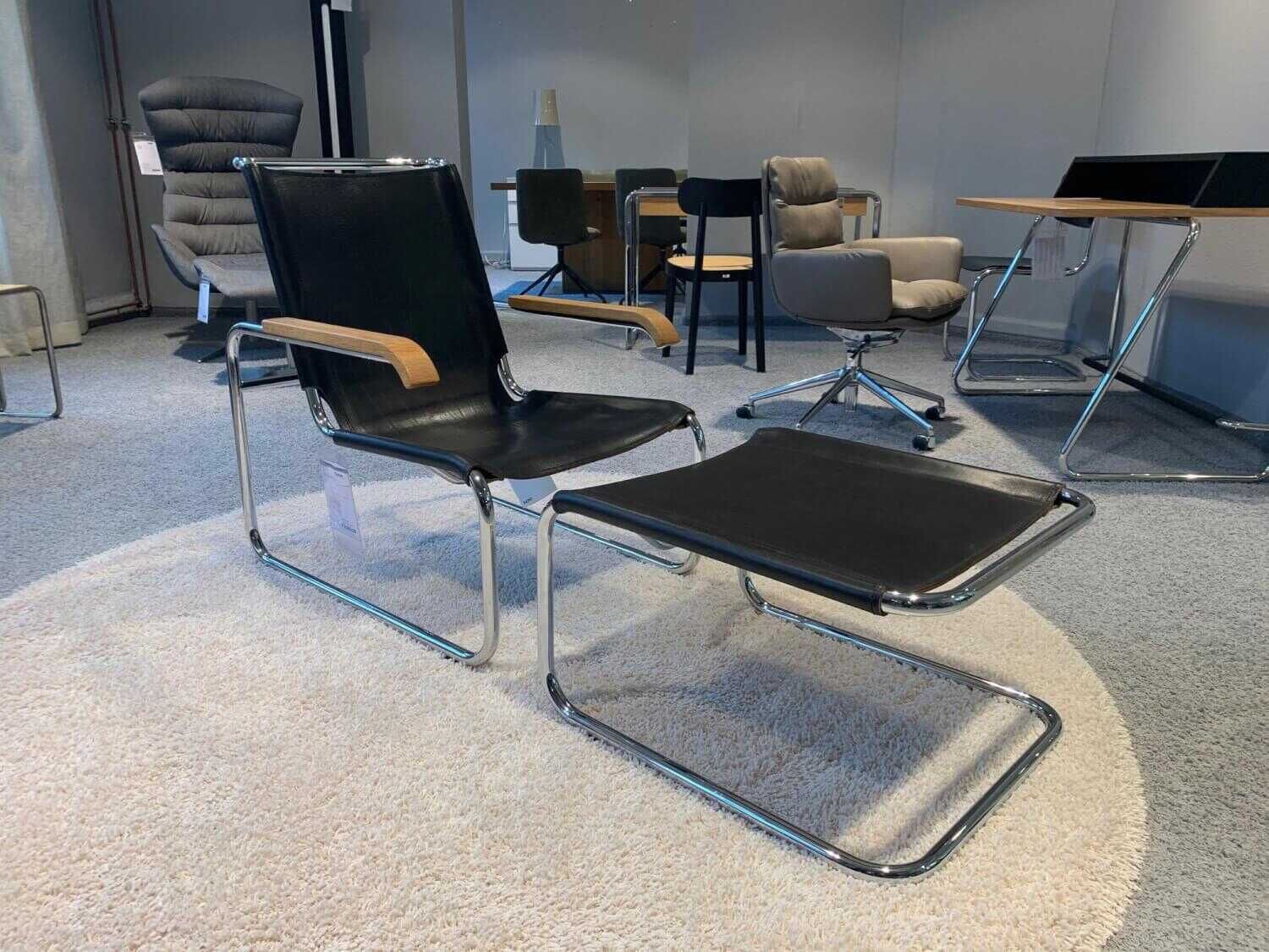 Thonet - Sessel S35 L Kernleder Natur Schwarz Eiche Geölt Stahlrohr Chrom mit Hocker - 2