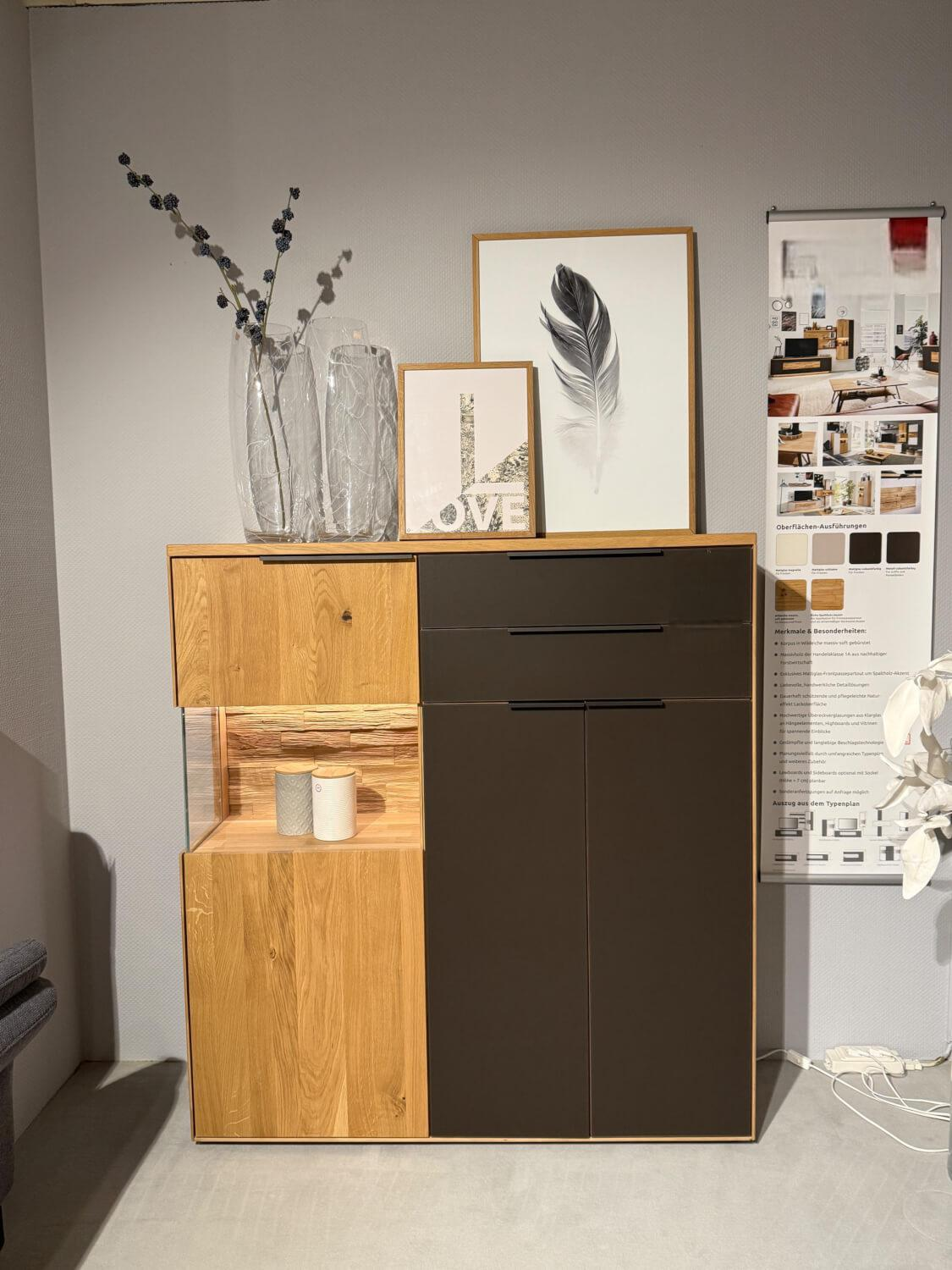 Wöstmann - Highboard 2009 Wildeiche Massiv Soft Gebürstet Absetzung Mattgals Cubanit Antharzit Braun Inklusive Beleuchtung - 4