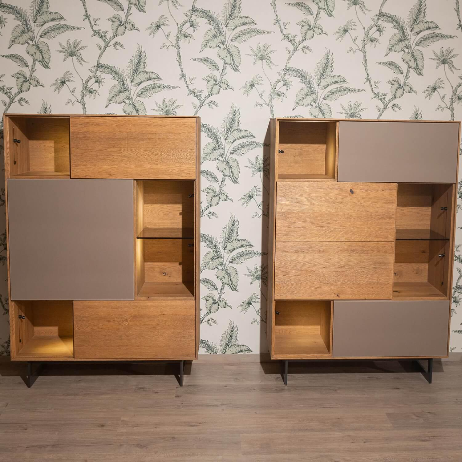 Anrei - Highboard Set Puro Syle 460 Asteiche Gebürstet Barrique Geölt Farbglas Steingrau Sockel Metallrahmen Schwarz Inklusive LED Beleuchtung Ohne Links Highboard - 3