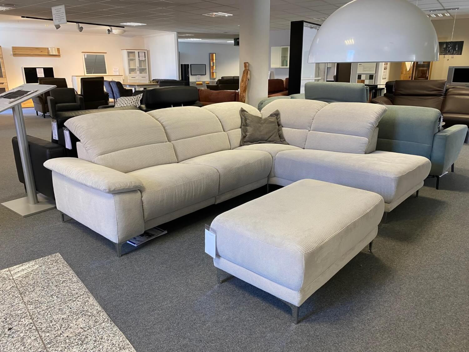 Carina - Ecksofa Modell 1220 Stoff Feincord Silber Grau PG2 Füße Chrom mit Hocker - 13