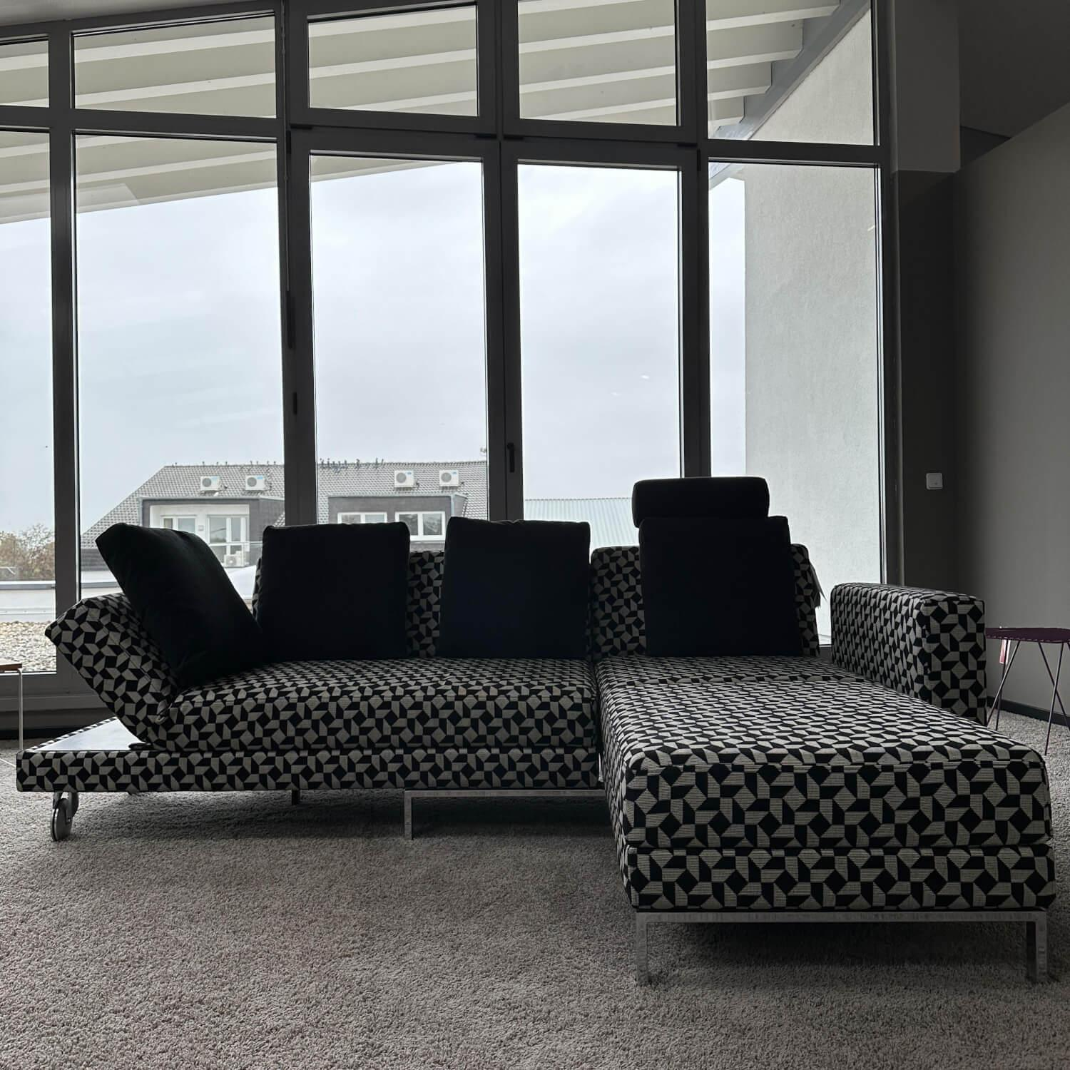 Brühl - Ecksofa Four Two Mit Funktion Und 2 Tischmodulen Bezug Stoff 4492 0049 Schwarz-Beige Metallkufe Verchromt - 4
