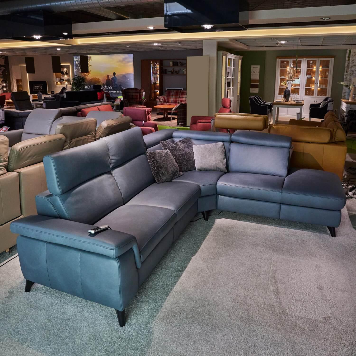 Steinpol - Eckgarnitur Relaxa 6.0 Plus Bezug Leder Longlife Evita Greyblue Füße Chrom Schwarz - 2