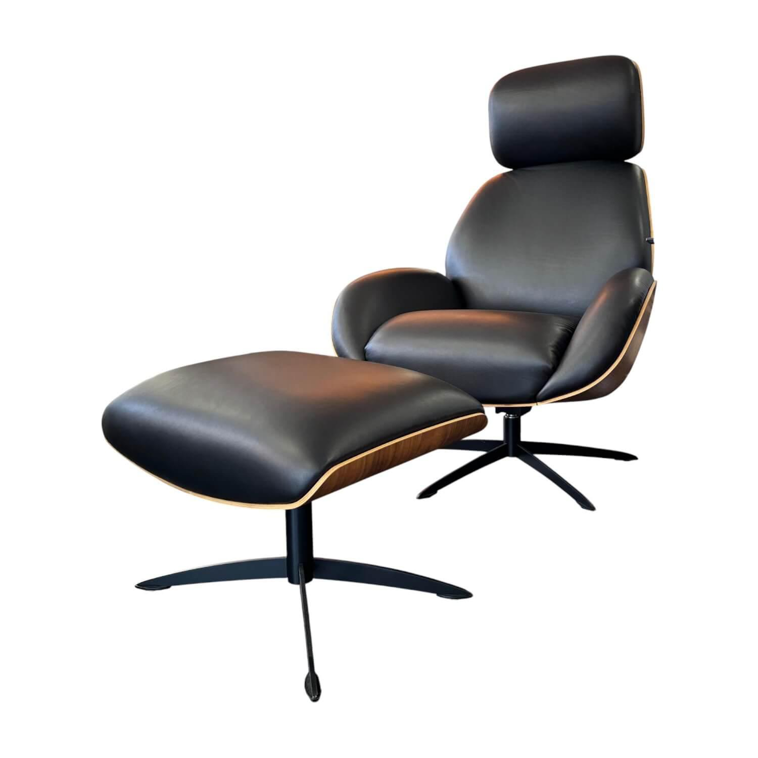 IP Design - Sessel Trinity Leder Space Black Schwarz Schale Nussbaum Geölt Sternfuß Metall Matt Schwarz Inklusive Hocker - 1