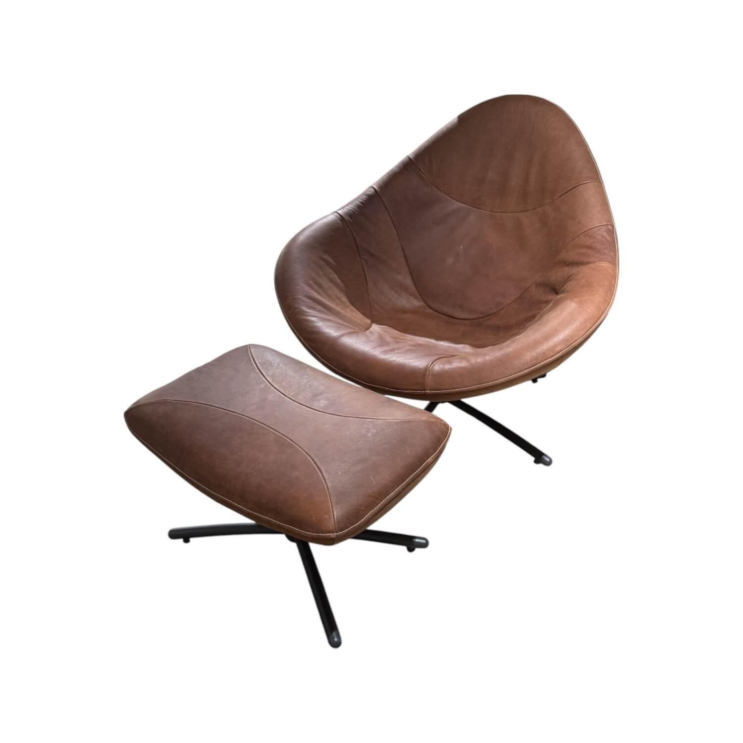 Label Vandenberg - Sessel Hidde Leder Yak Brown Braun Drehgestell Metall Black Grey Anthrazit Inklusive Hocker - 1