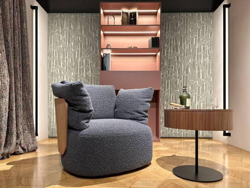 Porada - Drehsessel Calin Stoff Zante Z40 Graublau Mit Rückenlehne In Canaletta-Walnuss-Finish Metallgestell Drehbar - 6