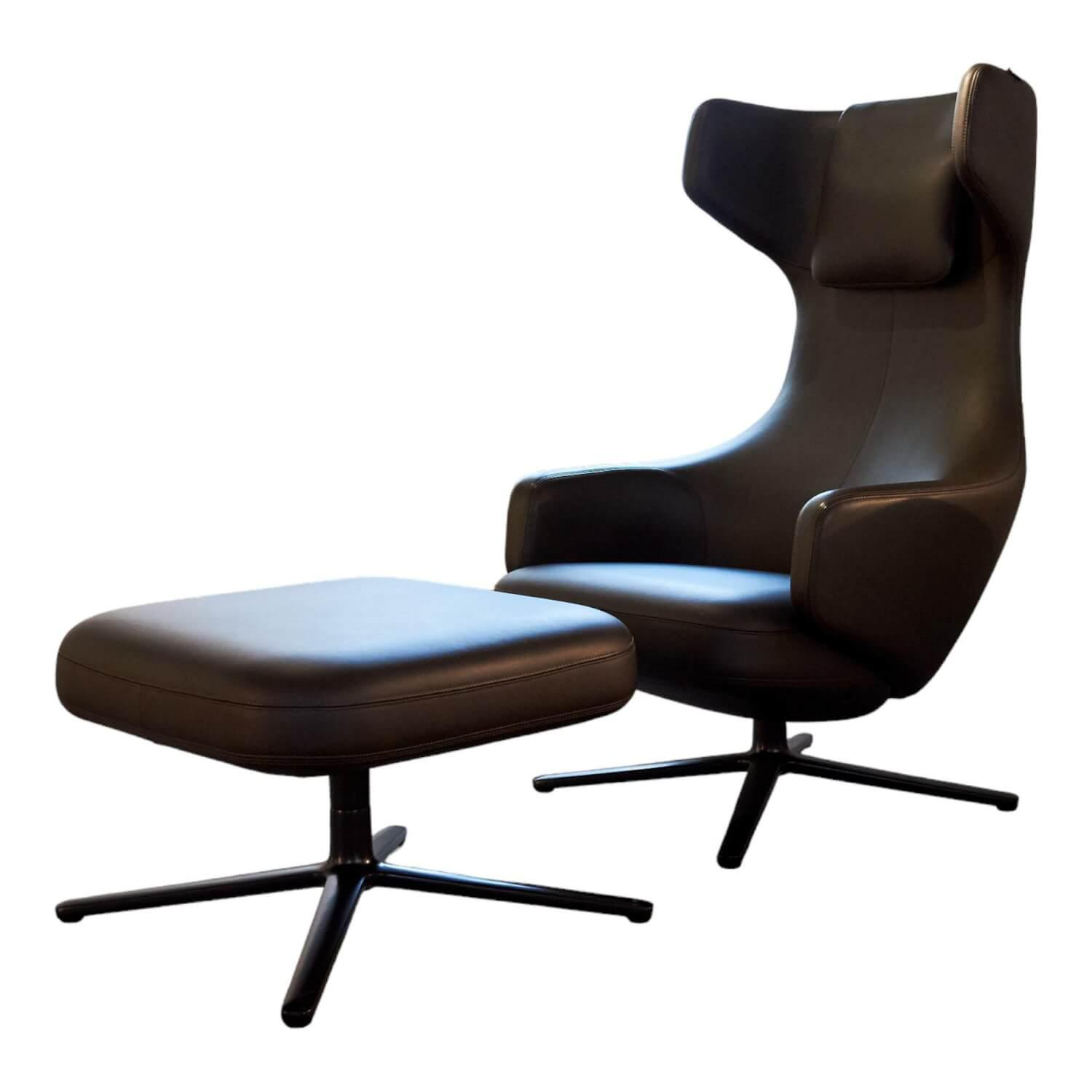 Vitra - Sessel Grand Repos Leder Premium Braun 77 Gestell Basic Dark mit Ottoman - 1