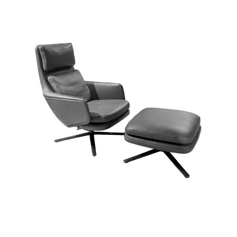 Vitra - Sessel Grand Relax Leder Premium Umbragrau Drehgestell Basic Dark mit Hocker - 1