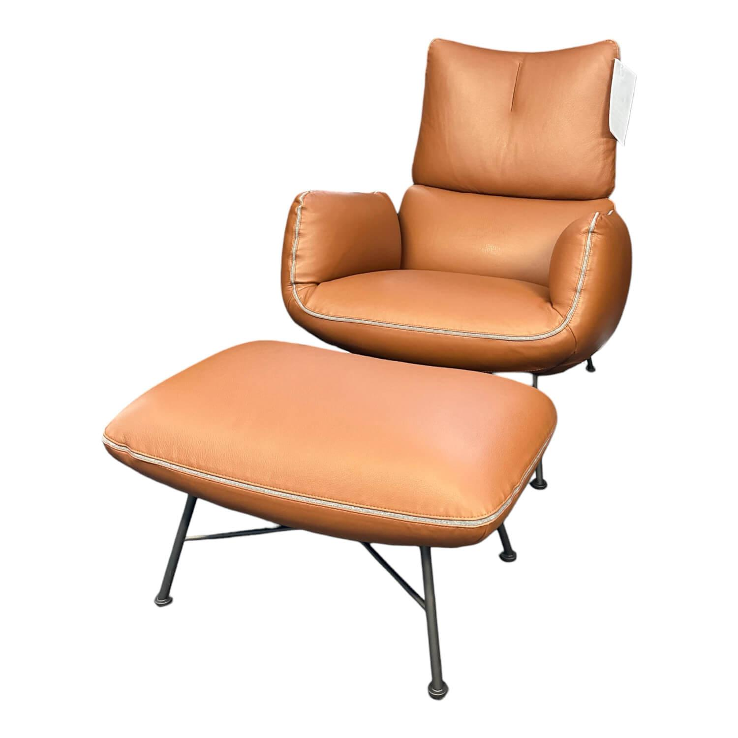 COR - Sessel Jalis Lounge Leder 249 Cognac Nahtband Mittelgrau Drahtgestell Schwarzbraun mit Hocker - 1