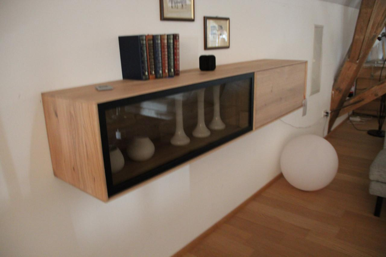 Anrei - Klappenelement Lina 386 Asteiche Weiß Geölt Gebürstet Front Glas Bronze Matt Mit Alurahmen Und LED Beleuchtung - 6