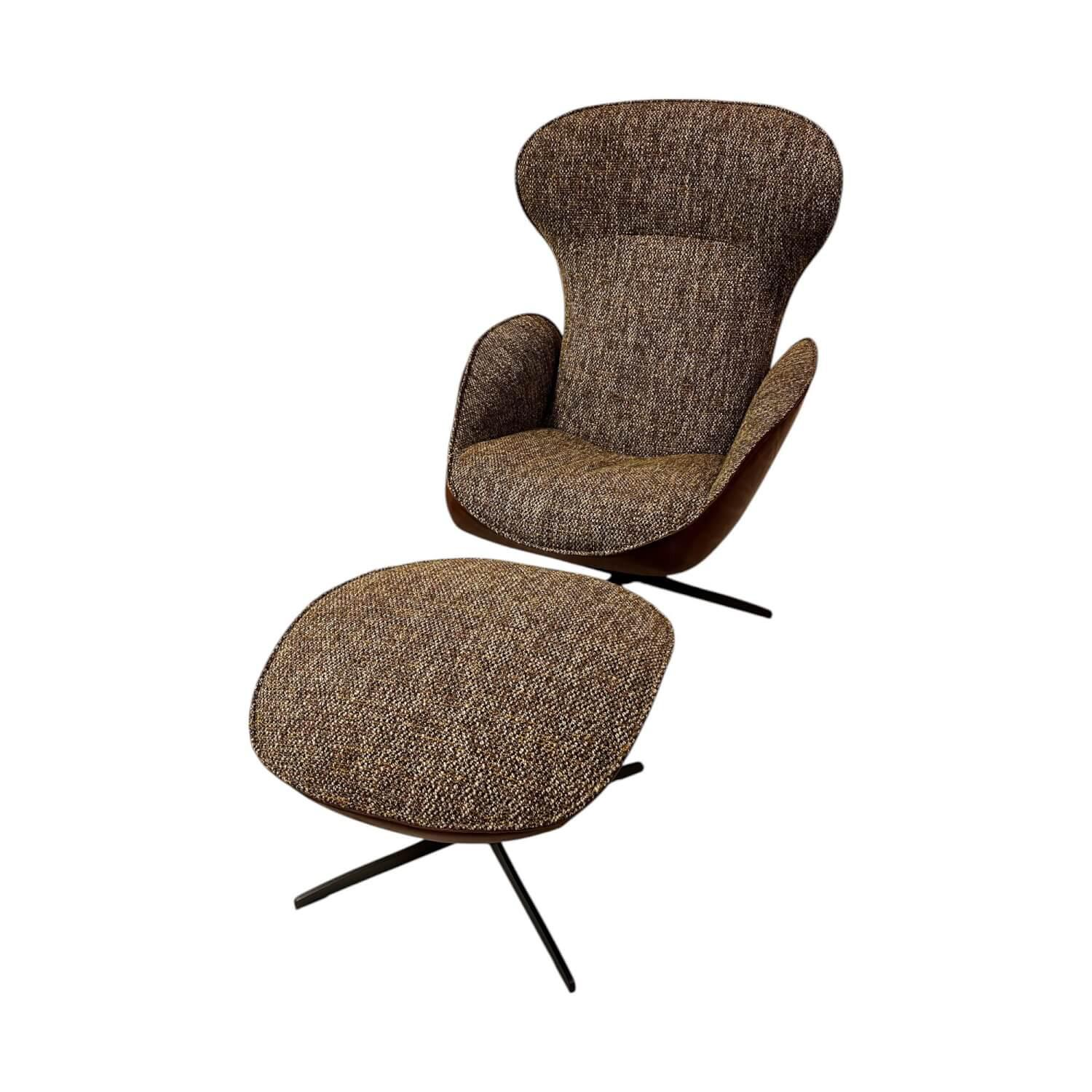 Jori - Lounge Sessel Daydreamer Innen Stoff Mamaye 204 Braun Beige Gelb Außen Leder Lolita Pralina Braun Gestell Bronze Lackiert Inklusive Hocker - 1