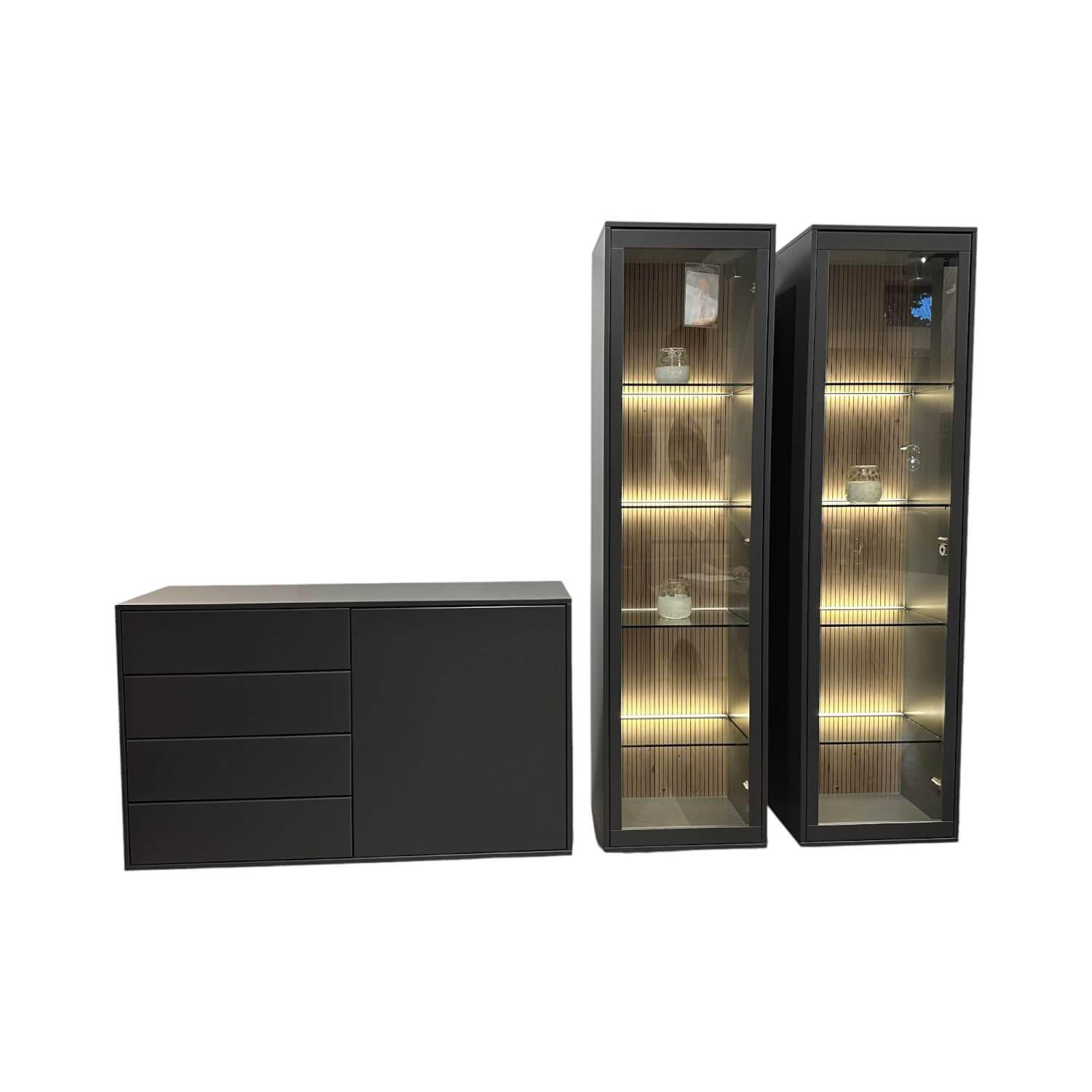 Rietberger Möbelwerke - Wohnwand Deviso Lack Schiefergrau Mit Glasböden Und Beleuchtung - 1