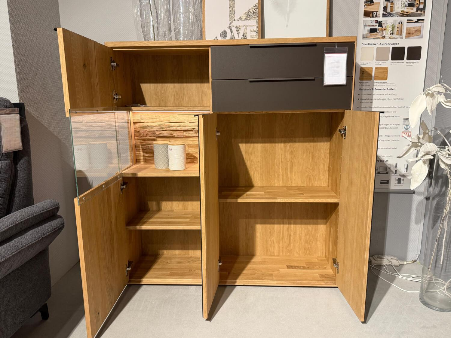 Wöstmann - Highboard 2009 Wildeiche Massiv Soft Gebürstet Absetzung Mattgals Cubanit Antharzit Braun Inklusive Beleuchtung - 6